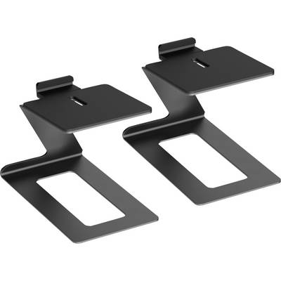 Deux supports métalliques noirs en forme de Z, adaptés pour supporter des appareils ou des accessoires. Ils disposent de plateformes rectangulaires à la base et au sommet.
