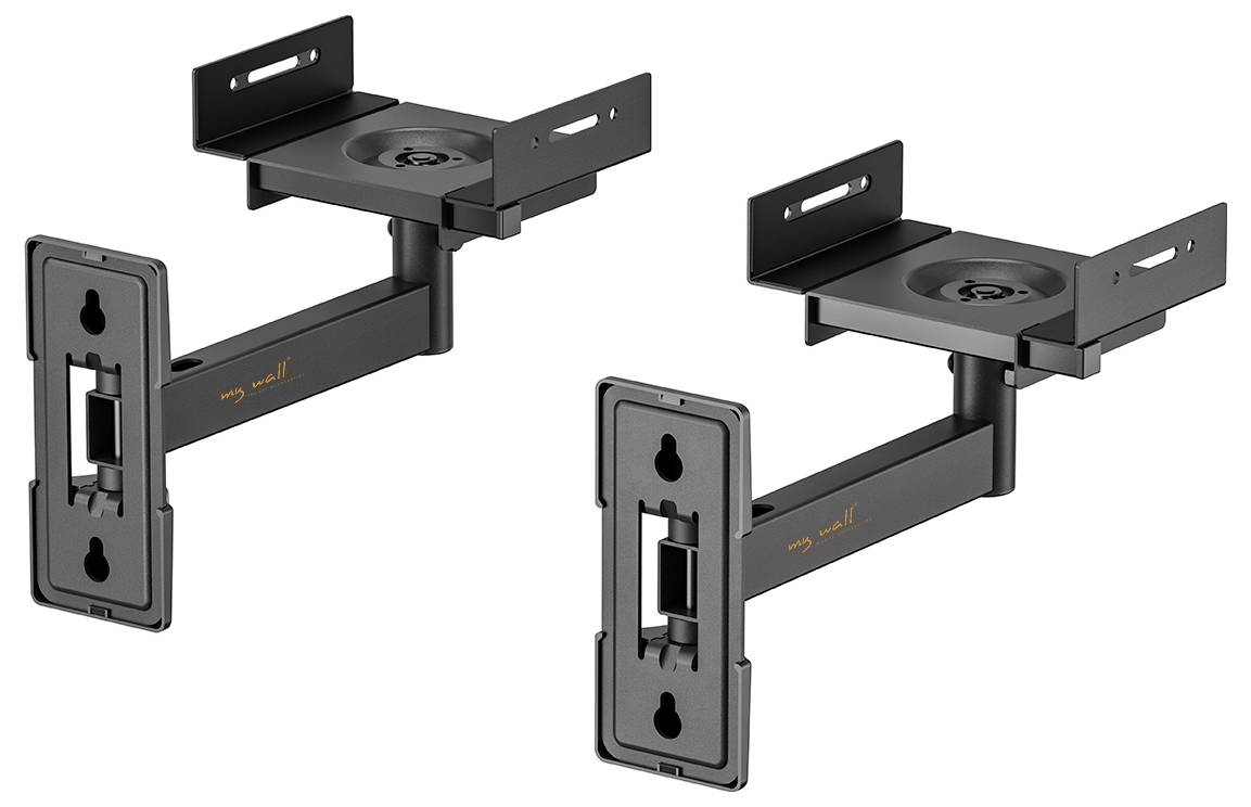 Deux supports muraux noirs à bras ajustables et surfaces antidérapantes, adaptés aux enceintes ou appareils similaires.