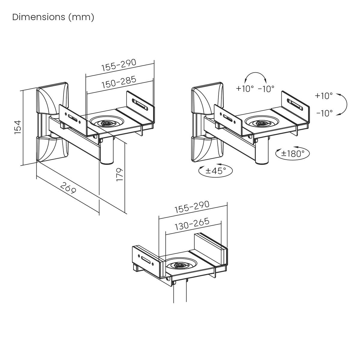 Dessin technique d'un support mural réglable. Dimensions : hauteur 154-179 mm, largeur 155-290 mm, pivotant à ±10° ou ±180°.