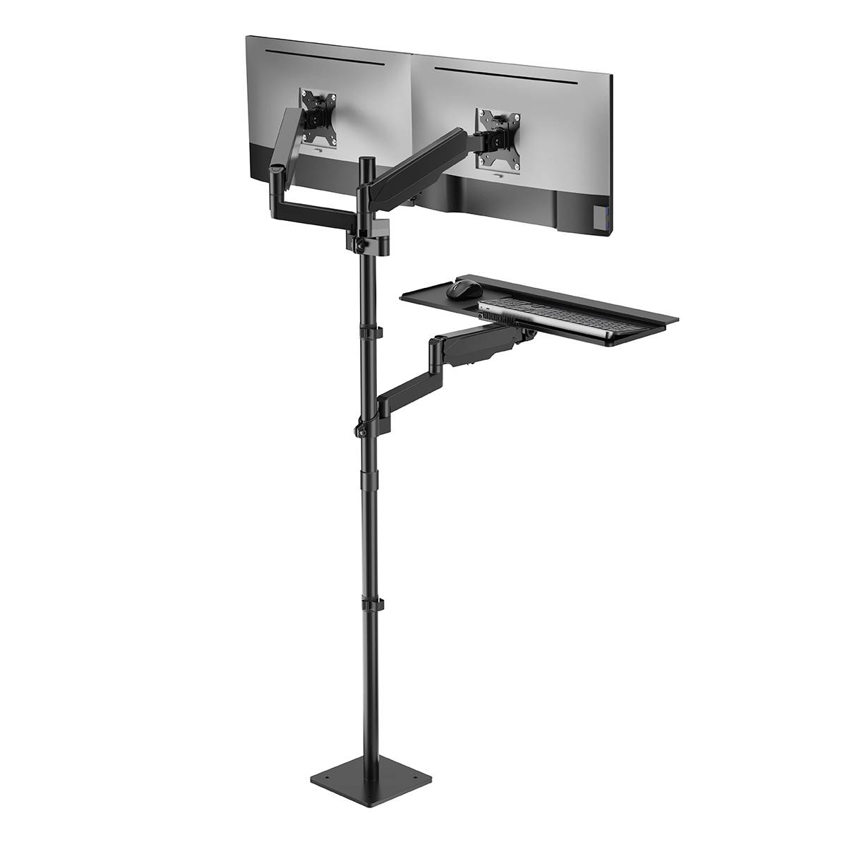 Deux écrans montés sur un support de bureau double noir réglable en hauteur. Optimisé pour un travail ergonomique.