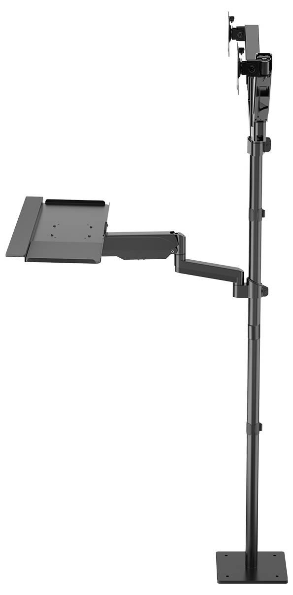 Un support de moniteur et d'ordinateur portable noir, réglable en hauteur, doté de plusieurs articulations et d'une base stable. Idéal pour un travail ergonomique.