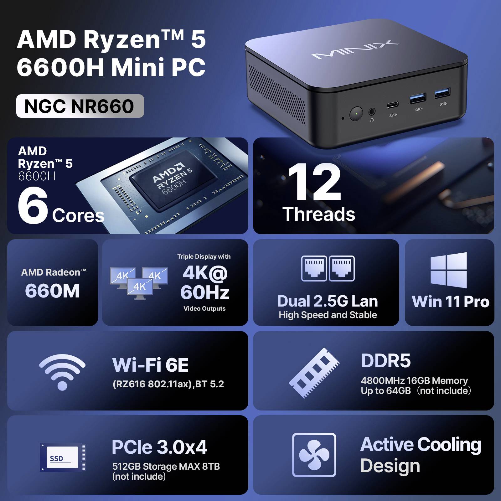 Minix Mini-PC (HTPC) NGC NR660 AMD Ryzen 5 6600H 4.5 GHz 16 GB RAM 512 GB SSD AMD Win 11 Pro NGC NR660-1
