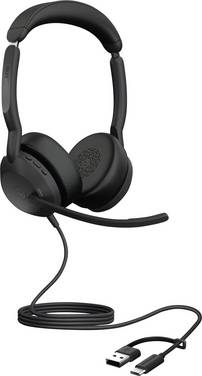 Jabra Evolve2 50  Micro-casque supra-auriculaire filaire, Bluetooth Stereo noir Suppression du bruit du microphone, Noise Cancelling micro-casque, mise en sourdine du microphone, volume réglable téléphone