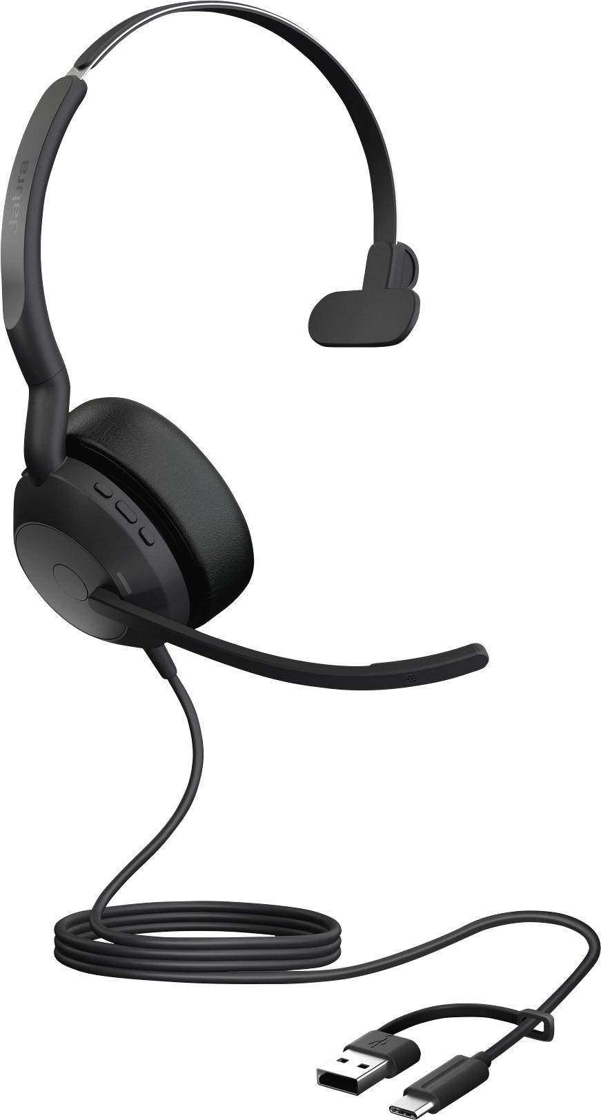 Casque USB noir à un seul écouteur avec microphone, adapté aux connexions PC. Idéal pour les appels et les réunions virtuelles.