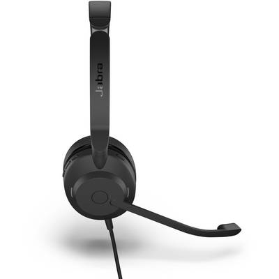 Casque noir avec perche micro, adapté pour le travail ou les appels téléphoniques. Nom de marque 'Jabra' visible sur l'arceau.