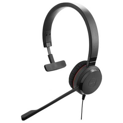 Un casque noir et rouge avec un arceau réglable et un bras de microphone. Idéal pour les appels téléphoniques ou la communication informatique.