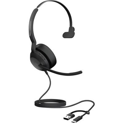 Casque USB noir avec bras micro, coussinets d'oreille et arceau réglable, adapté aux appels informatiques.