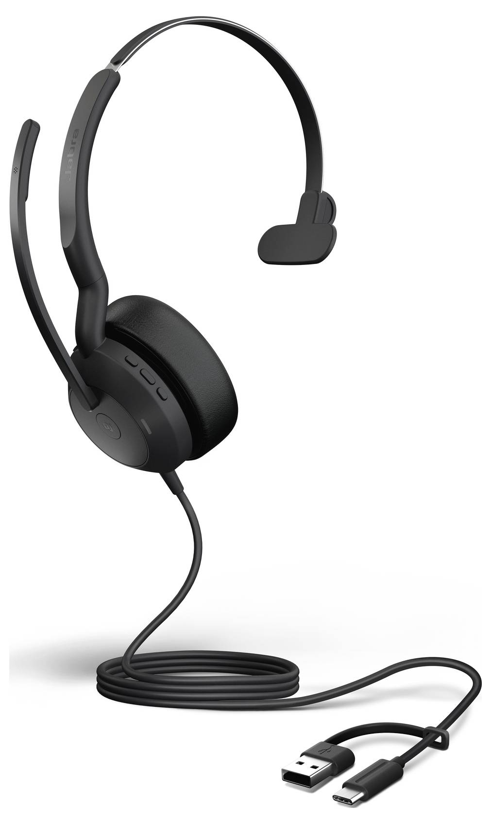 Un casque noir à un seul écouteur avec connexions USB et jack, adapté aux connexions informatiques et téléphoniques.
