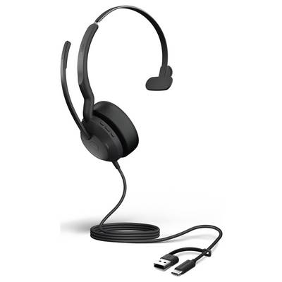 Un casque noir à un seul écouteur avec connexions USB et jack, adapté aux connexions informatiques et téléphoniques.