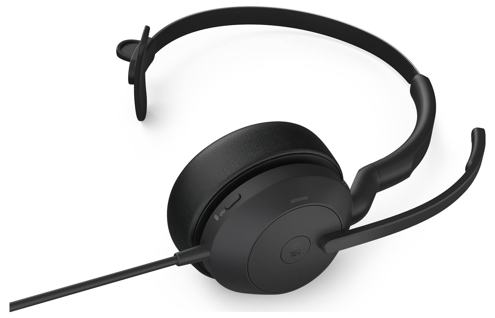 Casque filaire noir avec microphone, idéal pour les appels ou les réunions en ligne. Écouteur côté gauche et arceau réglable.
