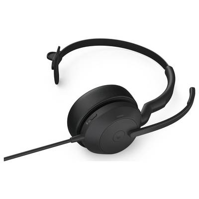 Casque filaire noir avec microphone, idéal pour les appels ou les réunions en ligne. Écouteur côté gauche et arceau réglable.
