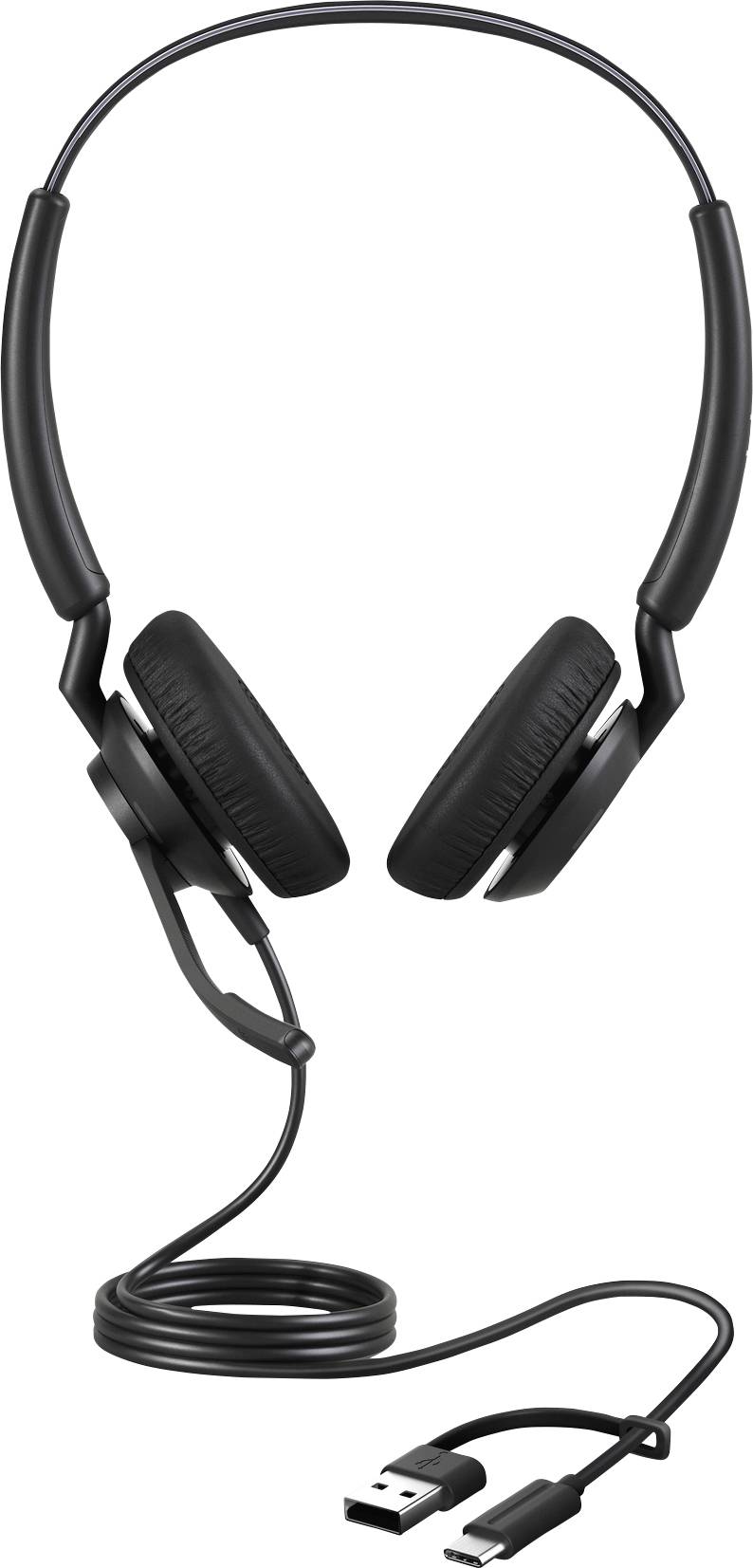 Casque USB noir avec coussinets d'oreille rembourrés et microphone réglable ; adapté aux applications informatiques et téléphoniques.
