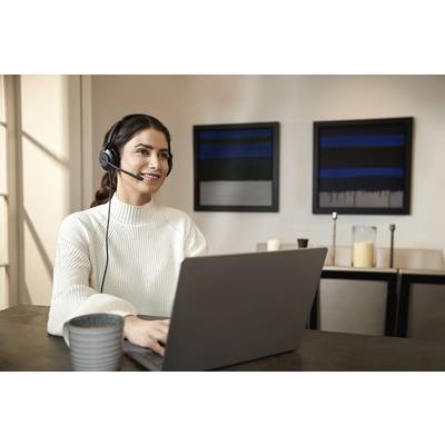 Une femme est assise devant un ordinateur portable, portant un casque, sourit et travaille vraisemblablement. Des images encadrées sont accrochées au mur en arrière-plan.
