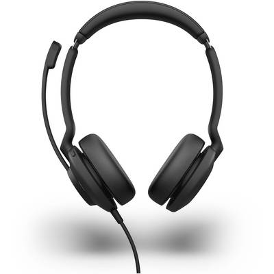 Casque noir avec microphone sur le côté gauche, écouteurs rembourrés et arceau réglable, sur fond blanc.