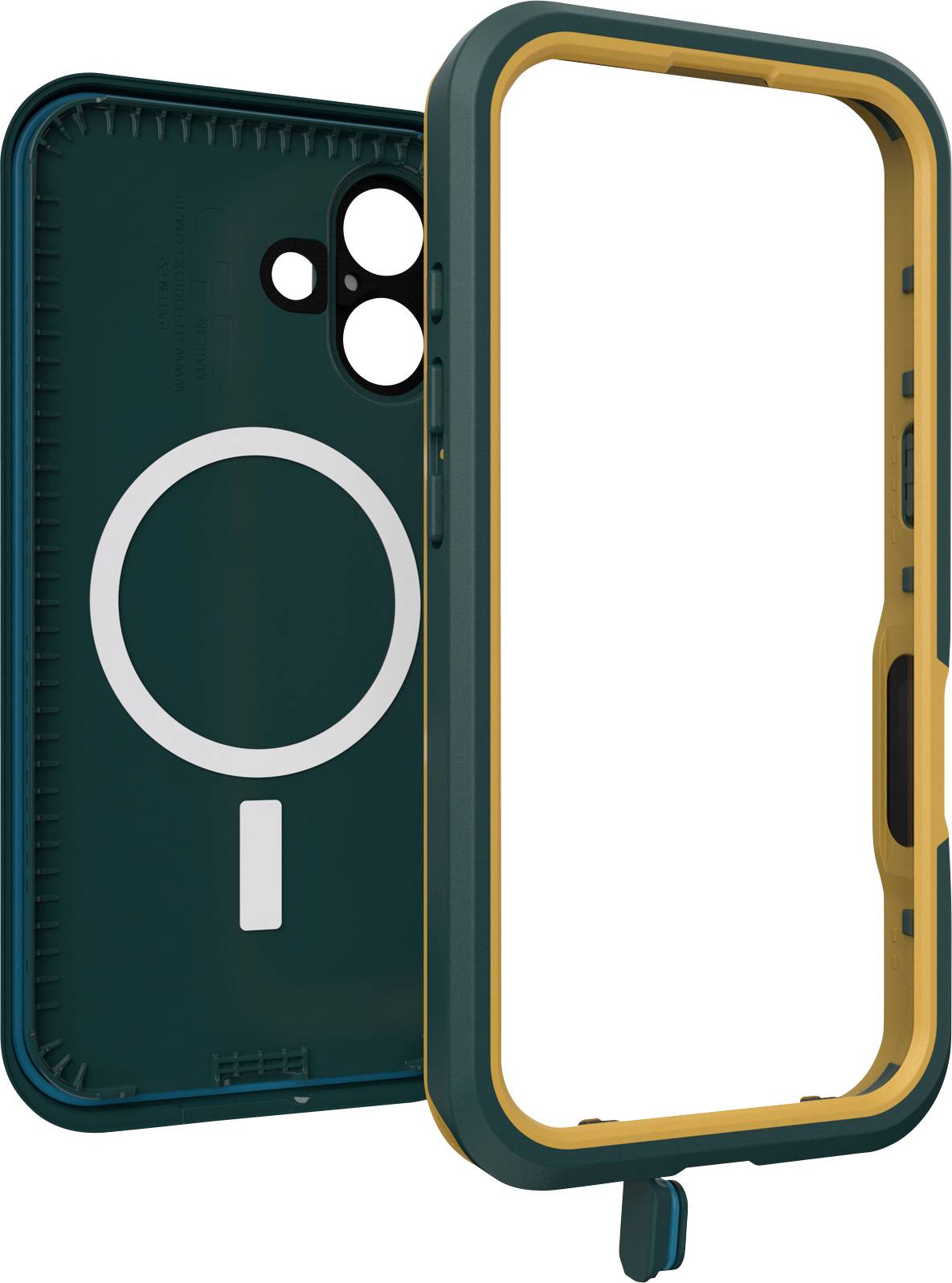 Coque de téléphone robuste de couleur verte avec bordure orange, conçue pour protéger contre les chutes et l'eau. Comprend des découpes pour protéger l'appareil photo.