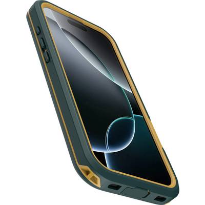 Smartphone avec boîtier de protection robuste, vert foncé avec bordure orange, affichant un écran lumineux sur un fond minimaliste.