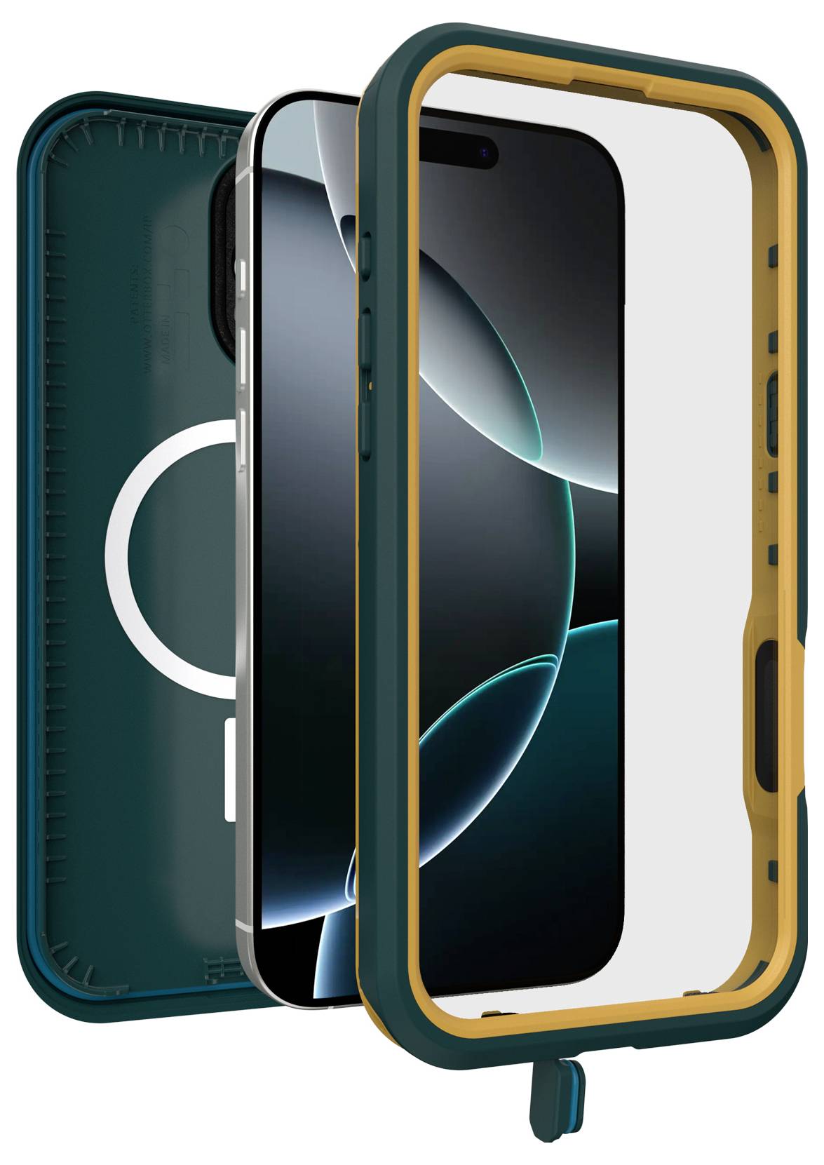 Étui pour smartphone avec un cadre robuste en vert et jaune. Protège l'appareil et offre un accès total à tous les boutons et ports.