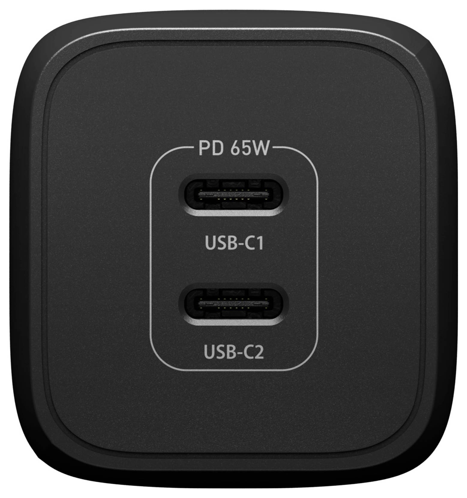 Un chargeur noir doté de deux ports USB-C, identifiés USB-C1 et USB-C2. Inscription : « PD 65W ».
