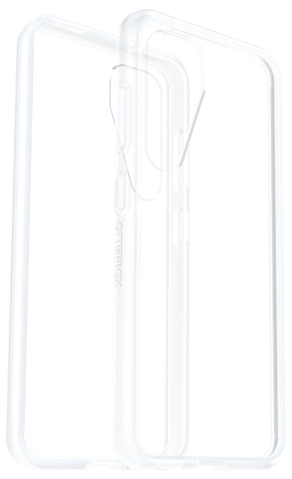 Étui de téléphone transparent, orienté verticalement, vue de côté, montrant tous les ports et l'ouverture de la caméra.