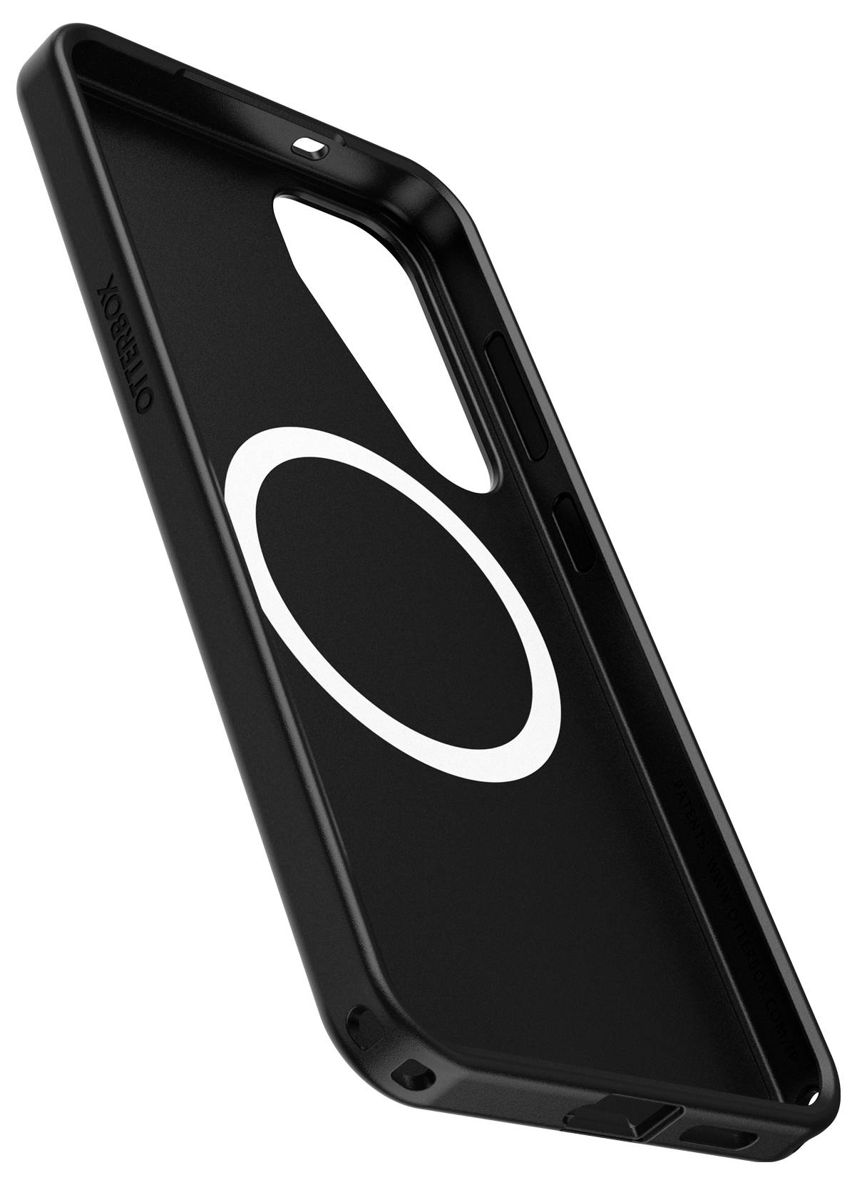 Coque de smartphone noire, nom de marque 'Otterbox' sur le côté. Boîtier avec un motif blanc ovale à l'arrière.