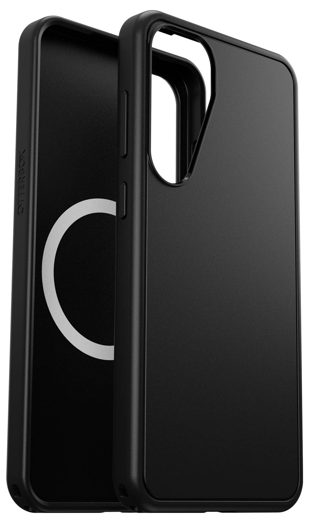 Coque de smartphone noire avec motif circulaire à l'intérieur, vue arrière et latérale. Protection pour la zone de la caméra.
