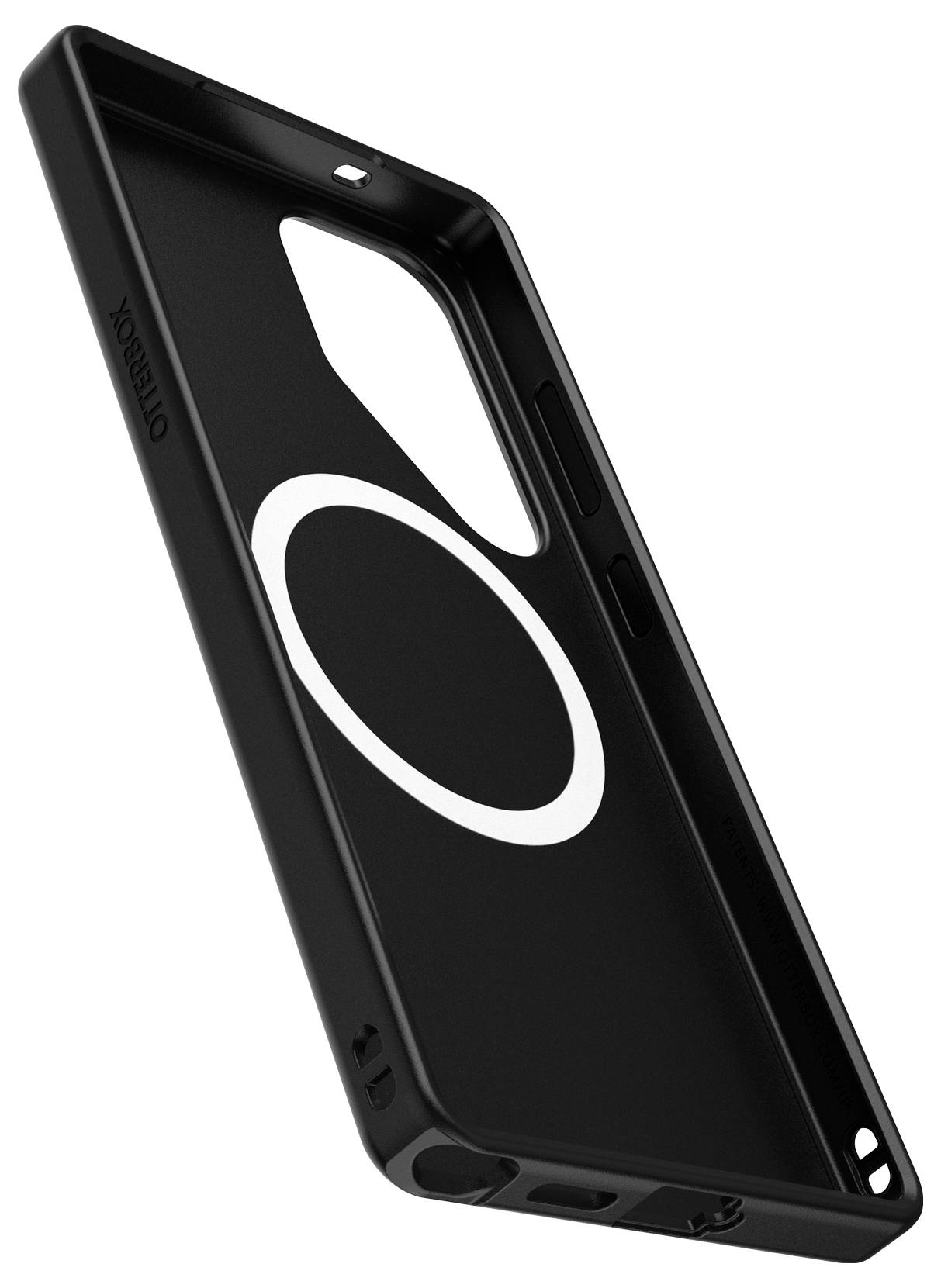 Étui noir pour téléphone avec un cercle blanc à l'intérieur. Comprend des découpes pour la caméra, les boutons et les ports.