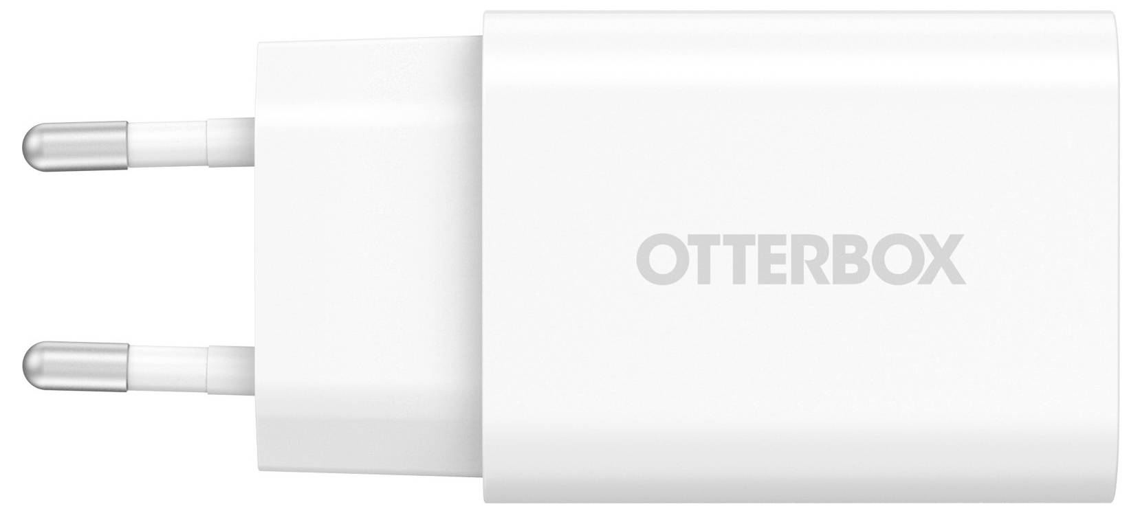 Un chargeur blanc à deux broches portant le nom de marque 'OTTERBOX' sur le côté.