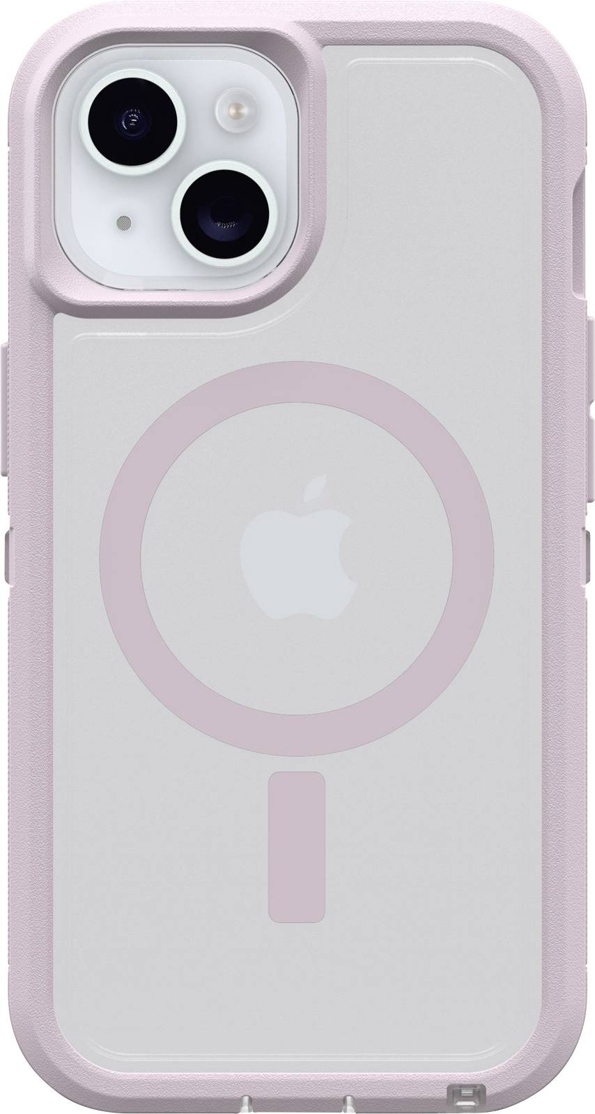 Étui de protection pour smartphone avec logo Apple visible et cercle MagSafe à l'arrière, dans un ton de rose délicat.
