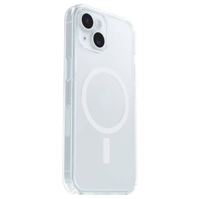 Un smartphone blanc avec un étui de protection transparent, présentant une structure en forme de hublot sur la face arrière.