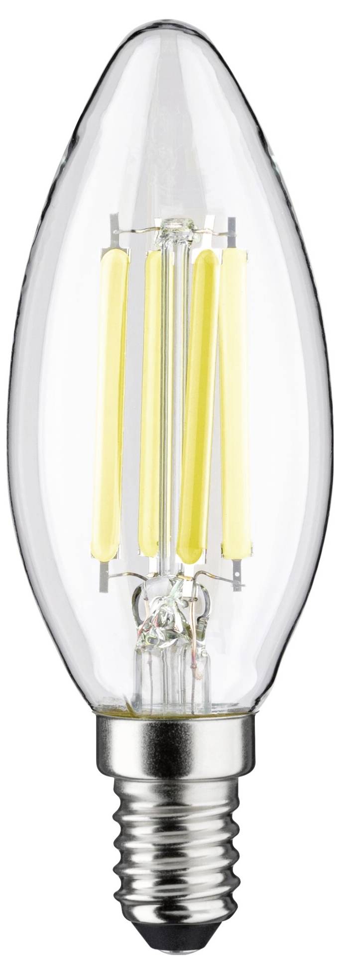 Une lampe bougie LED avec un abat-jour en verre transparent et des filaments jaunes visibles, convenant aux luminaires décoratifs.
