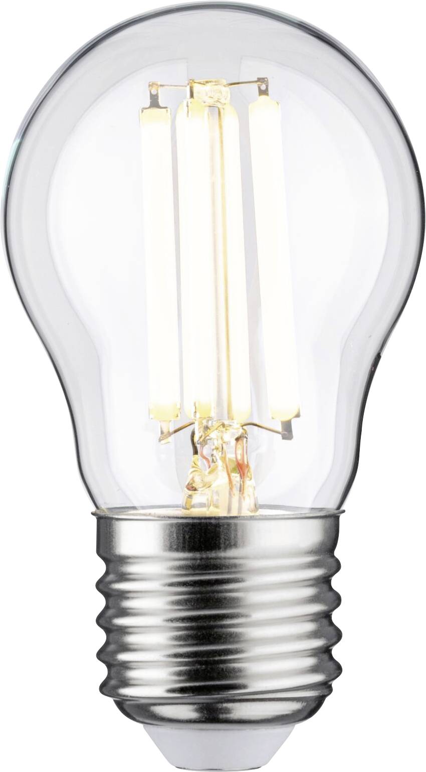 Une ampoule transparente avec filament visible, montée dans un culot à vis métallique.