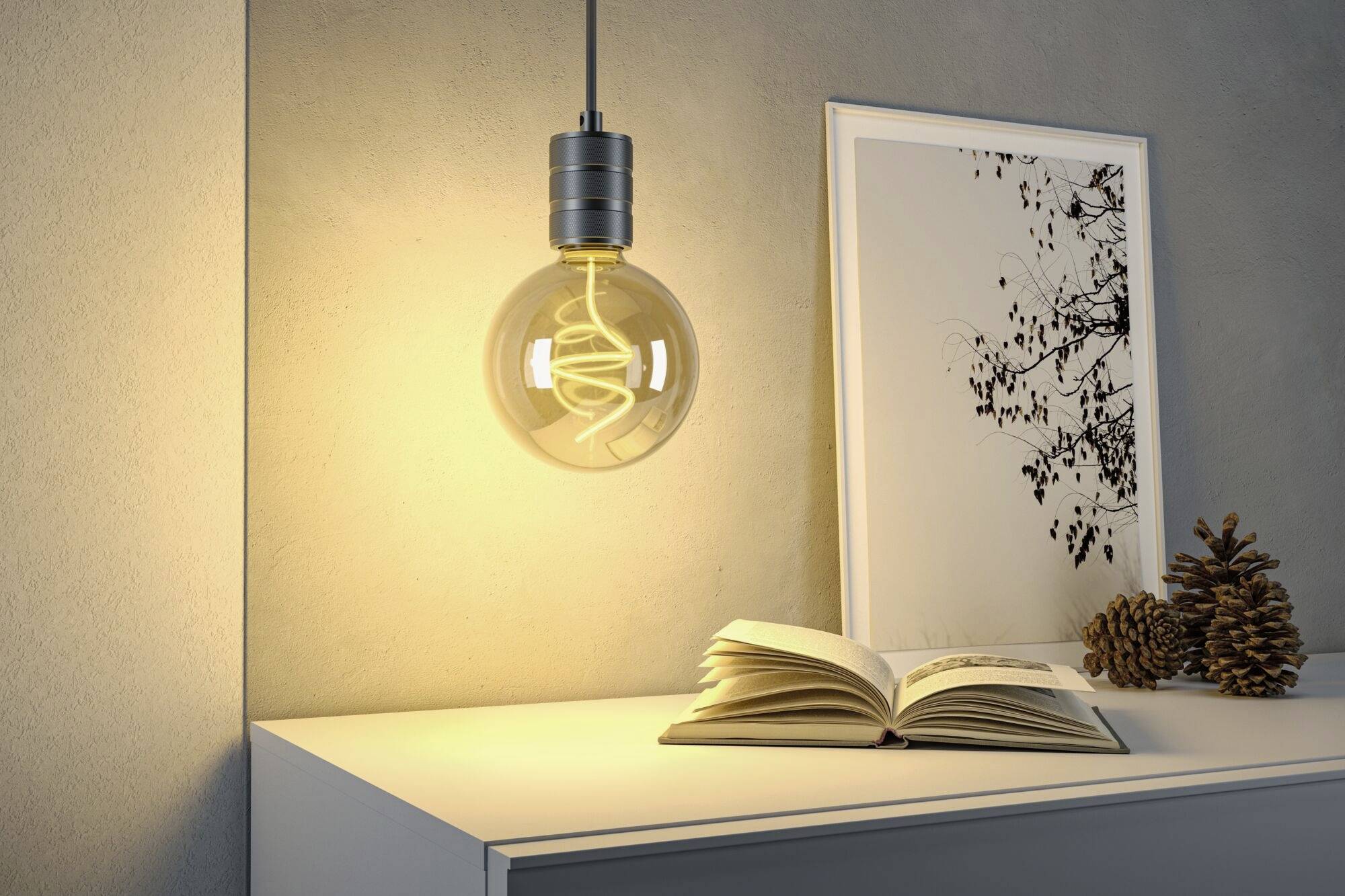 Une ampoule lumineuse est suspendue au-dessus d'une table de chevet, sur laquelle reposent un livre ouvert, un cadre photo au motif botanique et des pommes de pin.