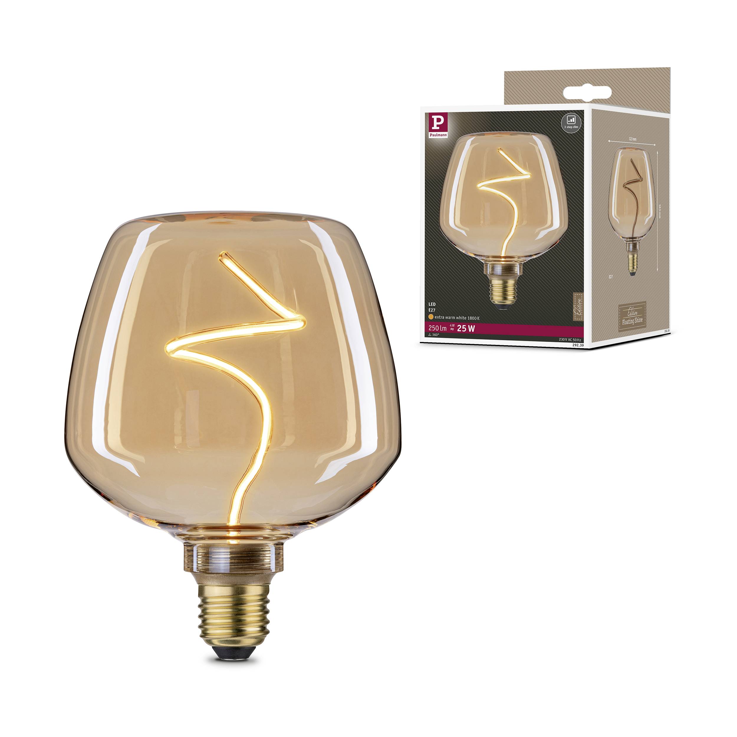 Une ampoule décorative à filament incurvé est présentée avant son emballage. L'emballage montre une illustration de l'ampoule.
