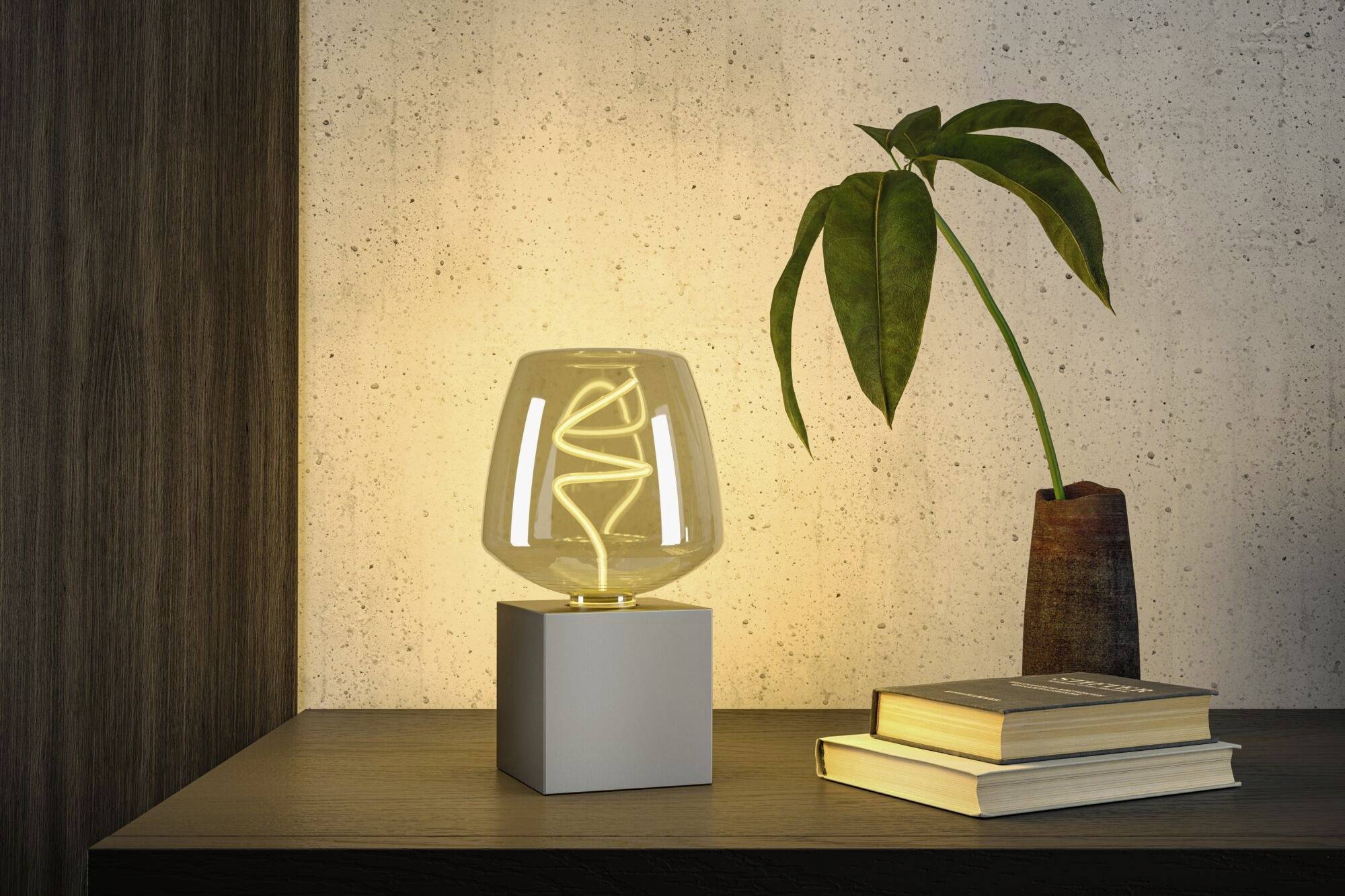Une lampe de table élégante, dotée d'une ampoule en spirale illuminée, est posée sur une table en bois à côté de livres et d'une plante en pot.