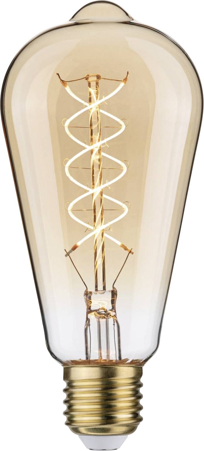 Une ampoule vintage avec un filament spiral visible et une base dorée.