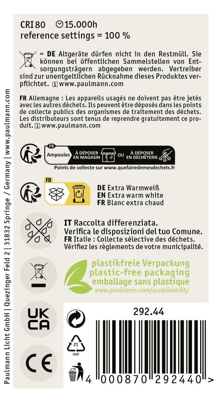 Étiquette d'un emballage de produit avec des informations environnementales et des symboles de recyclage. L'emballage est décrit comme étant sans plastique.