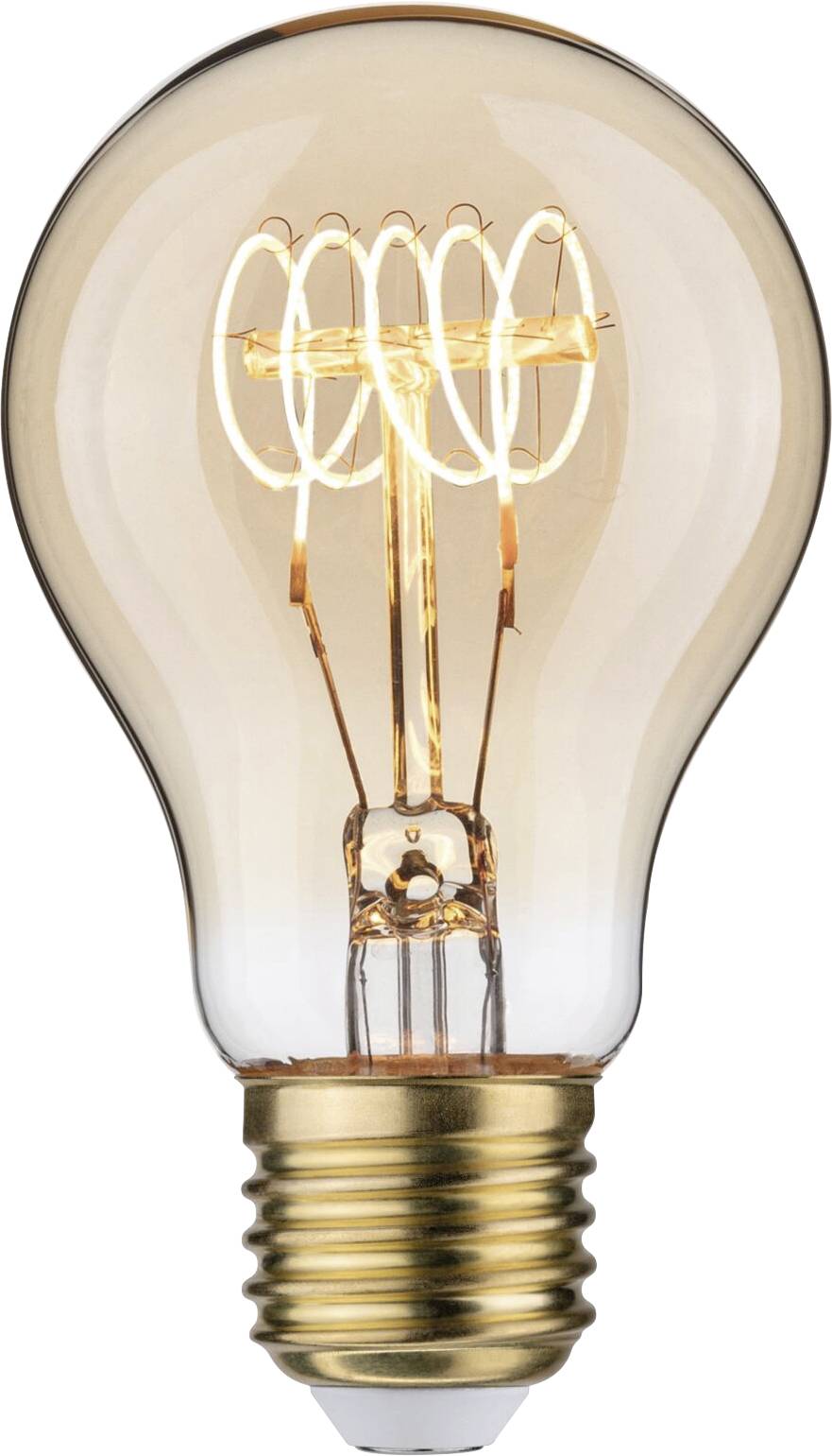 Ampoule à filament spiralé visible, allumée et émettant une lumière chaleureuse.