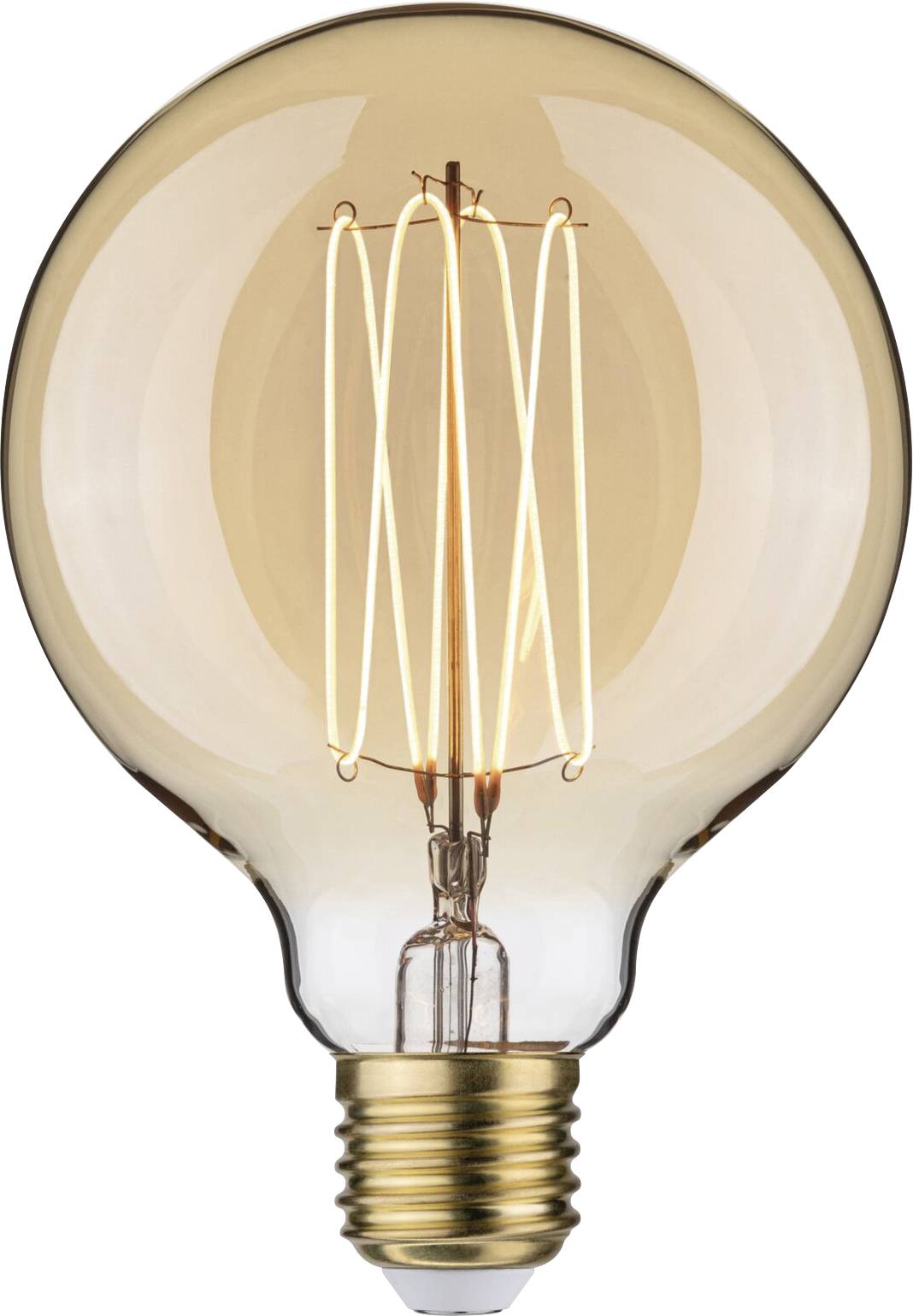 Une ampoule allumée de style rétro avec son filament apparent.