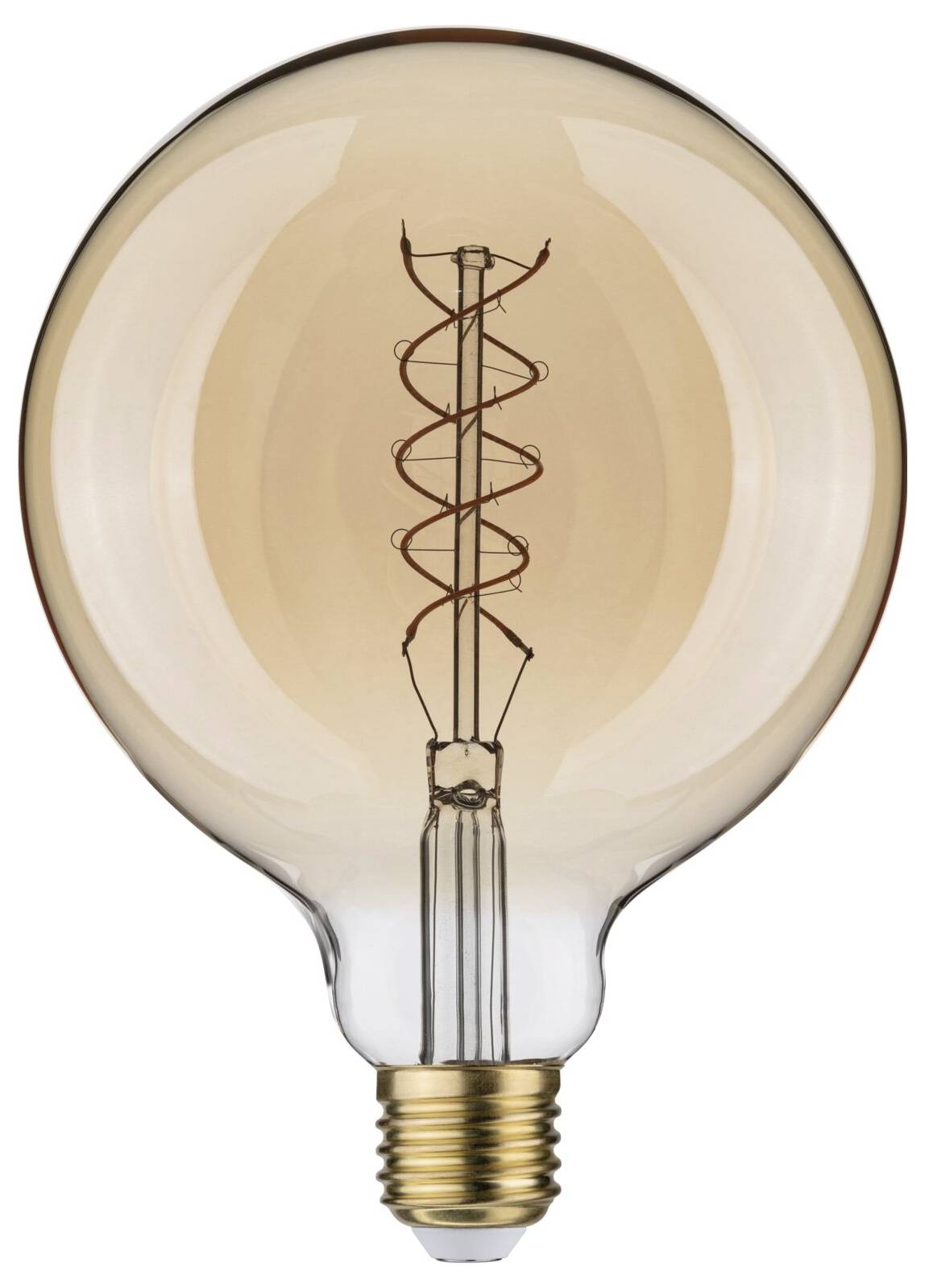 Une ampoule à filament visible en spirale. L'ampoule a une forme ronde, ambrée, et une douille métallique.