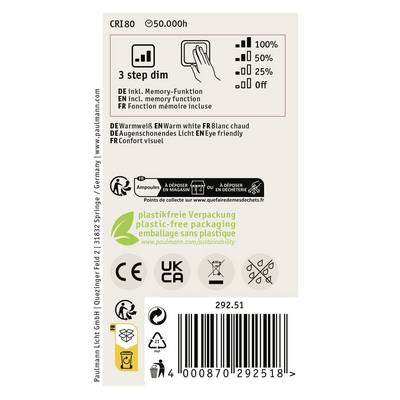 Lampe LED économe en énergie avec fonction de variation d'intensité en 3 étapes et mémoire, durée de vie de 50 000 heures. Emballage sans plastique.