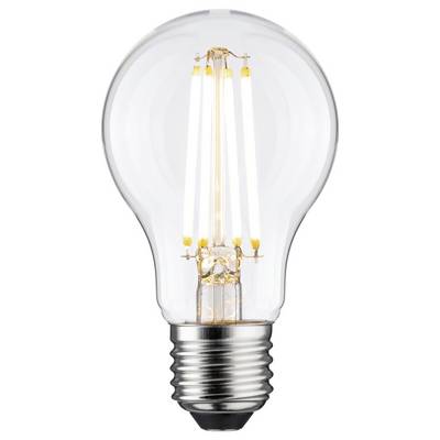 Une ampoule classique avec des filaments visibles dans un boîtier en verre transparent, dotée en bas d'une base à vis argentée.