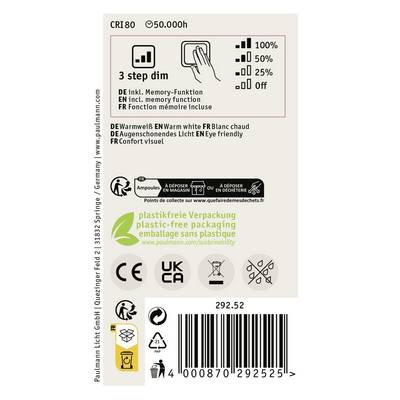 Verso d'un emballage de LED avec des informations sur la variation d'intensité, la température de couleur (blanc chaud), le label d'économie d'énergie et l'emballage sans plastique.
