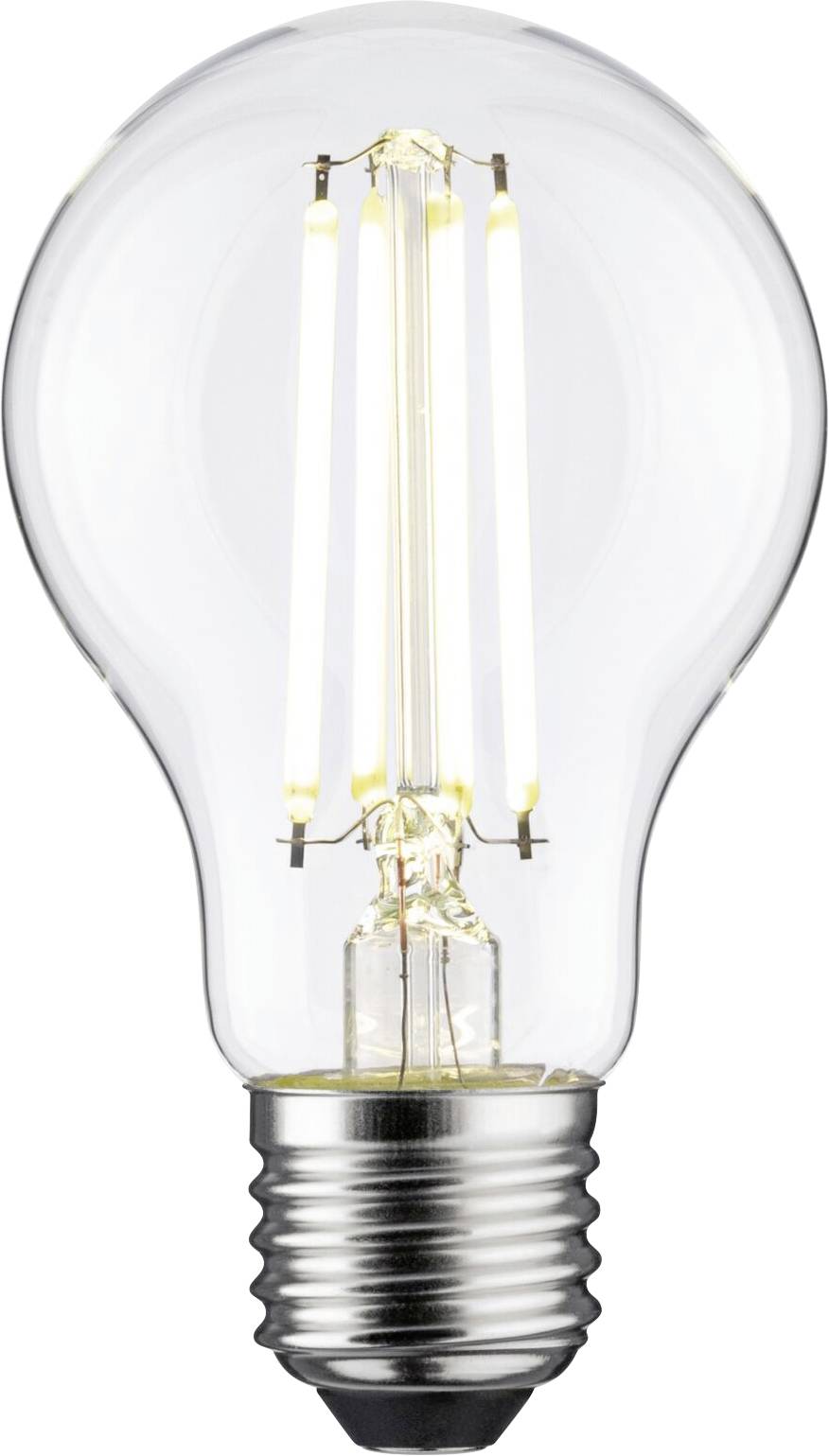 Une ampoule transparente avec des filaments visibles, émettant une lumière chaleureuse.