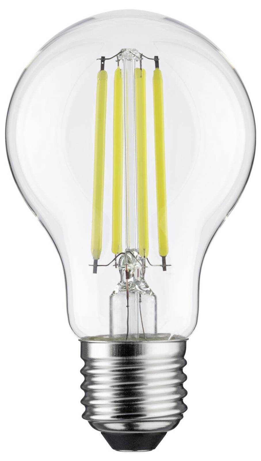 Une ampoule LED avec une surface transparente et des filaments jaunes visibles, sur un fond blanc.