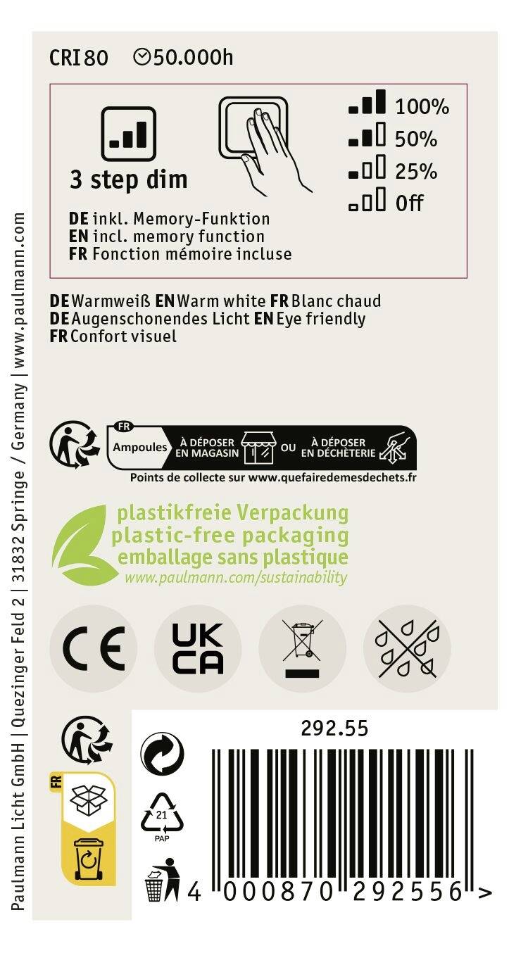 Étiquette d'emballage avec informations sur l'ampoule variable : IRC 80, durée de vie de 50 000 heures. Contient des symboles de recyclage, d'efficacité énergétique et de durabilité.
