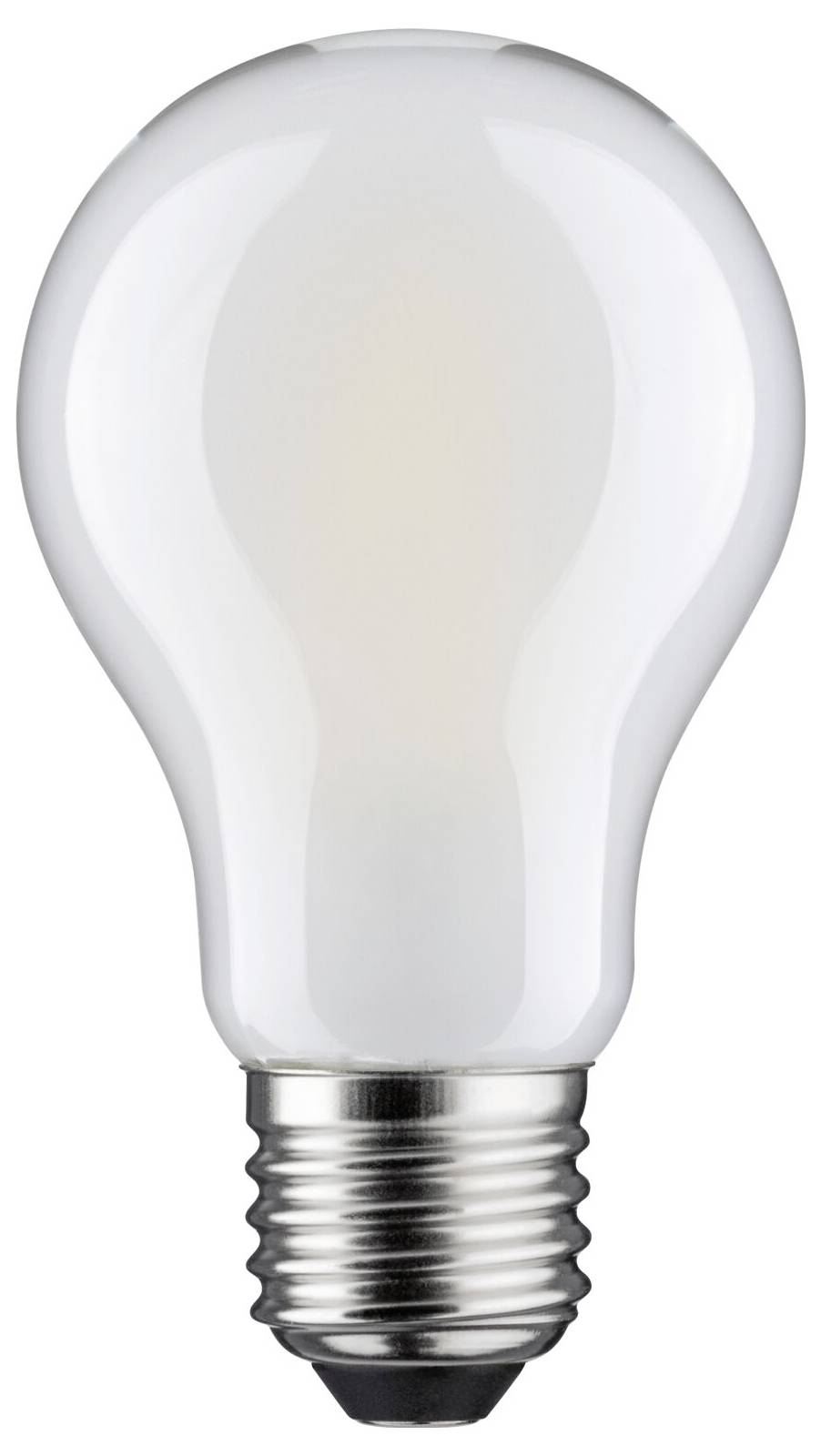 Une ampoule à culot E27, non allumée, sur un fond blanc.