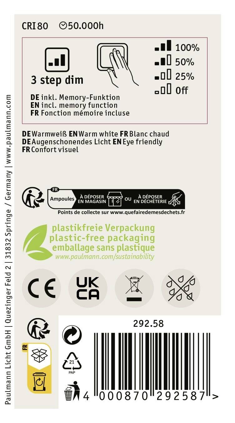 Lampe LED 'graduable en 3 étapes' : 100%, 50%, 15% de luminosité. Contient une fonction mémoire. Lumière blanc chaud, ménageant les yeux. Emballage recyclable.