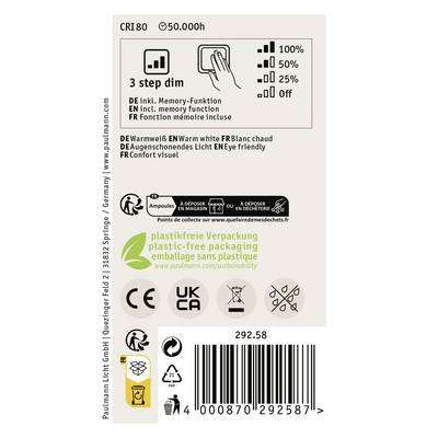 Lampe LED 'graduable en 3 étapes' : 100%, 50%, 15% de luminosité. Contient une fonction mémoire. Lumière blanc chaud, ménageant les yeux. Emballage recyclable.