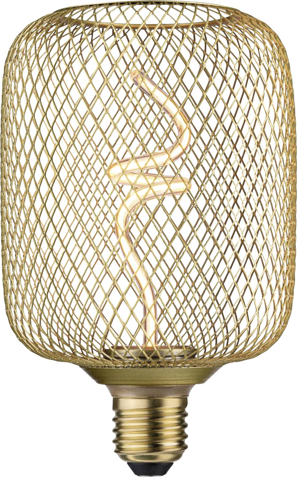 Une ampoule avec un design de cage en fil d'or et un filament visible à l'intérieur. Elle dégage une lumière chaleureuse.