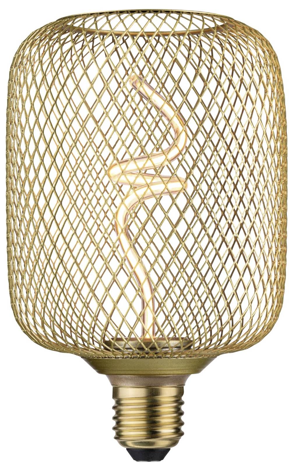Ampoule dorée au design de grille métallique avec filament apparent. Élément décoratif pour l'aménagement intérieur.